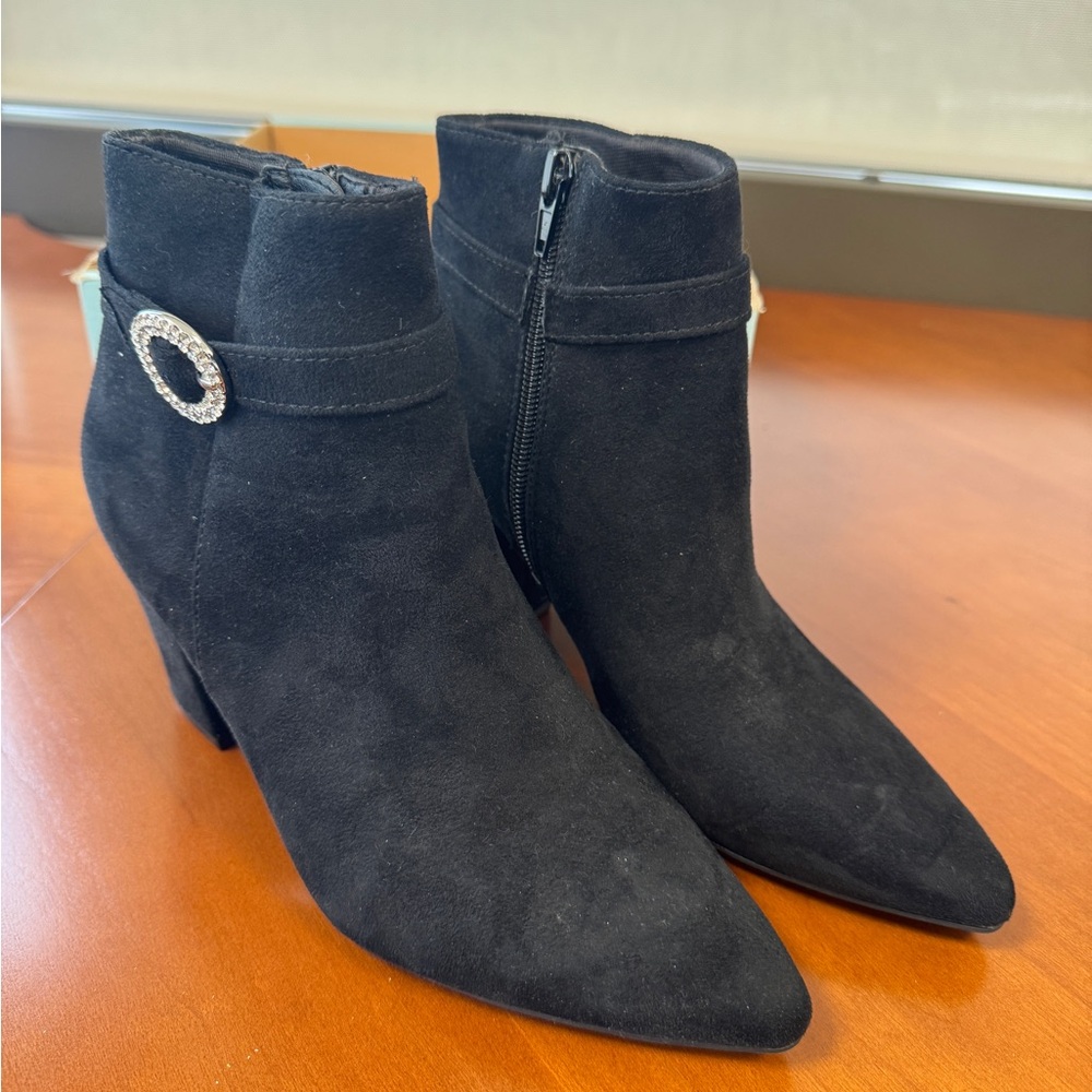 Elegant Black Ankle Boots with Rhinestone Buckle (NWOT)